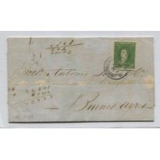 ARGENTINA 1864 GJ 23 RIVADAVIA PLIEGO COMPLETO CIRCULADO a Bs. As. EL 17/3/1865 CARTA CON UNA ESTAMPILLA DE 10 Cts. CON MATASELLO DE ROSARIO