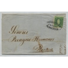 ARGENTINA 1864 GJ 23 RIVADAVIA CUBIERTA DE PLIEGO CIRCULADA A ROSARIO EL 21/6/1866 CARTA CON UNA ESTAMPILLA DE 10 Cts. MATASELLO FRANCA MENDOZA, MUY LINDA