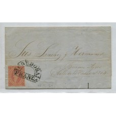 ARGENTINA 1864 GJ 19 RIVADAVIA CUBIERTA DE PLIEGO CIRCULADA EL 10/12/1864, CON UNA ESTAMPILLA DE 1ra TIRADA CON MATASELLO FRANCA DE CORDOBA, MUY BONITA PIEZA U$ 150