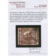 ARGENTINA 1858 GJ 09A BARQUITO VARIEDAD  COLOR CHOCOLATE MUY BUEN EJEMPLAR CON CERTIFICADO DE AUTENTICIDAD U$ 385