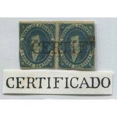 ARGENTINA 1864 GJ 24Aa RIVADAVIA 15 Cts. COLOR AZUL PIZARRA VARIEDAD PAPEL DELGADO MUY RARA PAREJA CON MATASELLO CERTIFICADO DE MENDOZA