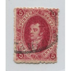 ARGENTINA 1866 GJ 26A RIVADAVIA 5ta TIRADA ESTAMPILLA COLOR CEREZA U$ 48