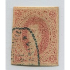 ARGENTINA 1867 GJ 27 RIVADAVIA ESTAMPILLA DE 6ta TIRADA SIN DENTAR COLOR ROJO PARDO U$ 300 CON MATASELLO ROSARIO HERMOSO EJEMPLAR