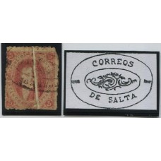 ARGENTINA 1864 GJ 19 RIVADAVIA ESTAMPILLA DE 1ra TIRADA CON VARIEDAD NOTABLE PLIEGUE, REPARADA CON MATASELLO ROCOCO DE SALTA