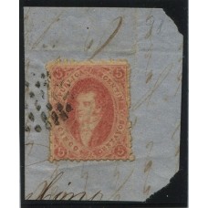 ARGENTINA 1864 GJ 19b RIVADAVIA ESTAMPILLA DE 1ra TIRADA CON VARIEDAD DOBLE IMPRESIÓN PARCIAL U$ 72 EN FRAGMENTO CON MATASELLO 7 x 7 PUNTOS EN 10 LINEAS