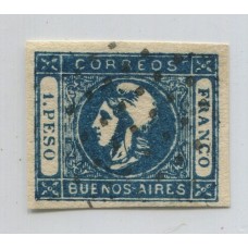 ARGENTINA 1859 GJ 17Ah CABECITA VARIEDAD COLOR AZUL VERDOSO PAPEL MUY GRUESO, MUY RARO U$ 275