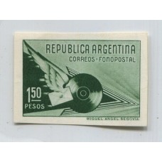 ARGENTINA 1939 GJ 838 FONOPOSTAL ESTAMPILLA ENSAYO EN COLOR NO ADOPTADO VERDE
