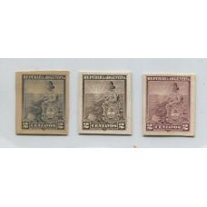 ARGENTINA 1899 GJ 219 TRES ENSAYOS SOBRE CARTON EN DIFERENTES COLORES