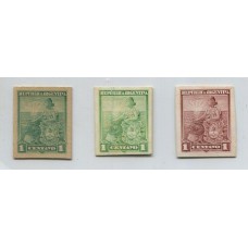 ARGENTINA 1899 GJ 218 TRES ENSAYOS SOBRE CARTON EN DIFERENTES COLORES