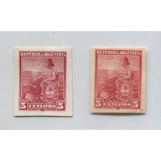 ARGENTINA 1899 GJ 222 DOS ENSAYOS EN PAPEL GRUESO DE FRENTE SATINADO CON DIFERENTES COLORES