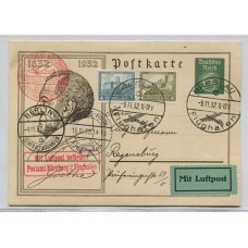 ALEMANIA 1932 PRIMER VUELO TARJETA ENTERO POSTAL CIRCULADA CON SELLOS SE-TENANT LLEVA TODAS LAS MARCAS DEL VUELO Y RECEPCION