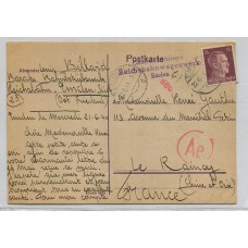 ALEMANIA 1944 TARJETA ENVIADA POR FRANCES QUE SE ENCONTRABA EN CAMPO PARA TRABAJADORES EN FABRICA DE FERROCARRILES CON MARCA DE CENSURA, RARO