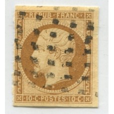 FRANCIA 1852 Yv. 9 ESTAMPILLA USADA EL 10 Ct:. REPUBLIC MINIMO ADELGAZAMIENTO SOLO VISIBLE AL DORSO Y QUE NO TOCA EL DISEÑO DEL SELLO MUY BUEN FRENTE, MUY RARO 700 Euros