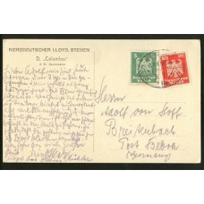 ALEMANIA 1925 TARJETA POSTAL CIRCULADA POR BARCO PAQUEBOT ALEMAN "COLUMBUS" DE LA LINEA "BREMEN-NEW YORK"