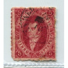 ARGENTINA 1866 GJ 26Ab RIVADAVIA ESTAMPILLA DE 5ta TIRADA PAPEL APERGAMINADO CON PEQUEÑO DEFECTO ASI Y TODO BUEN EJEMPLAR U$ 90