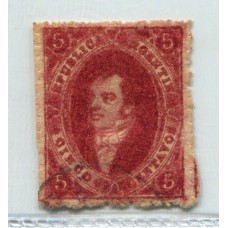 ARGENTINA 1866 GJ 26Ab RIVADAVIA ESTAMPILLA DE 5ta TIRADA PAPEL APERGAMINADO HERMOSO EJEMPLAR U$ 90