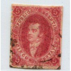 ARGENTINA 1865 GJ 25 RIVADAVIA ESTAMPILLA de 4ta TIRADA PAPEL DELGADO CON MATASELLO ROCOCO DE TUCUMAN