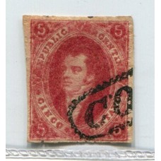 ARGENTINA 1866 GJ 26 RIVADAVIA 5ta TIRADA ESTAMPILLA CON MATASELLO CORDOBA U$ 30