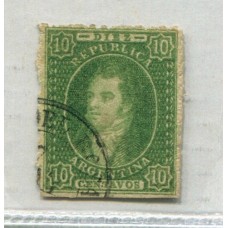 ARGENTINA 1864 GJ 23 RIVADAVIA de 10 Cts ESTAMPILLA DE IMPRESIÓN SEMINITIDA MATASELLO FECHADOR ROSARIO