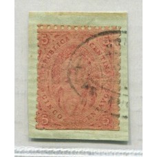 ARGENTINA 1865 GJ 20j RIVADAVIA ESTAMPILLA DE 3ra TIRADA VARIEDAD MULATO CON MATASELLO ROCOCO DE TUCUMAN SOBRE FRAGMENTO