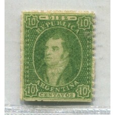 ARGENTINA 1864 GJ 23 RIVADAVIA ESTAMPILLA DE 10 Cts. NUEVA IMPRESIÓN SEMINITIDA COLOR VERDE AMARILLO U$ 120