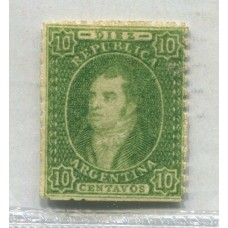 ARGENTINA 1864 GJ 23 RIVADAVIA ESTAMPILLA DE 10 Cts. NUEVA IMPRESIÓN SEMINITIDA COLOR VERDE AMARILLO U$ 120