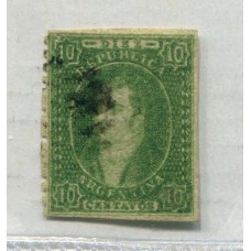 ARGENTINA 1864 GJ 23d RIVADAVIA ESTAMPILLA DE 10 Cts. IMPRESIÓN SEMINITIDA VARIEDAD PAPEL MUY DELGADO y FILIGRANA RAYA U$ 85 CON MATASELLO MUDO DE BARRAS