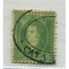 ARGENTINA 1864 GJ 23 RIVADAVIA de 10 Cts ESTAMPILLA DE IMPRESIÓN SEMINITIDA MATASELLO CATAMARCA CON FILIGRANA RAYA