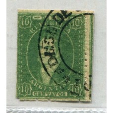 ARGENTINA 1864 GJ 23 RIVADAVIA de 10 Cts ESTAMPILLA DE IMPRESIÓN BORROSA MATASELLO TUCUMAN