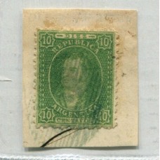 ARGENTINA 1864 GJ 23 RIVADAVIA ESTAMPILLA DE 10 Cts IMPRESIÓN SEMINITIDA EN FRAGMENTO HERMOSO EJEMPLAR CON MATASELLO OM