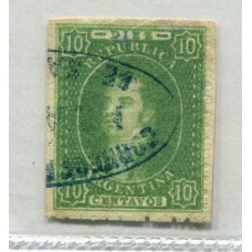 ARGENTINA 1864 GJ 23 RIVADAVIA de 10 Cts ESTAMPILLA DE IMPRESIÓN BORROSA MATASELLO FRANCA SAN JUAN EN AZUL, HERMOSO EJEMPLAR