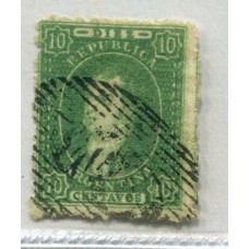 ARGENTINA 1864 GJ 23 RIVADAVIA de 10 Cts ESTAMPILLA DE IMPRESIÓN BORROSA MATASELLO O M EN NEGRO MAGNIFICAMENTE APLICADO