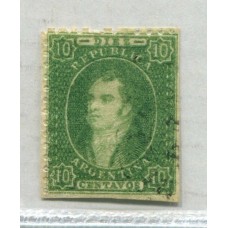 ARGENTINA 1864 GJ 23 RIVADAVIA ESTAMPILLA DE 10 Cts. IMPRESIÓN SEMINITIDA COLOR VERDE