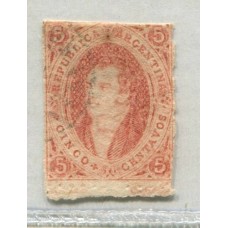 ARGENTINA 1867 GJ 28Ac RIVADAVIA ESTAMPILLA DE 6ta TIRADA COLOR ROJO PARDO ANARANJADO VARIEDAD PLANCHA RAYADA U$ 300