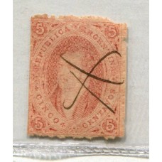 ARGENTINA 1867 GJ 28A RIVADAVIA ESTAMPILLA DE 6ta TIRADA COLOR ROJO PARDO ANARANJADO MATASELLO PLUMA U$ 180