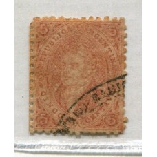ARGENTINA 1865 GJ 20j RIVADAVIA ESTAMPILLA DE 3ra TIRADA MULATO CON VARIEDAD FALTA CASI TOTAL DEL MARCO IZQUIERDO