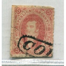 ARGENTINA 1867 GJ 28 RIVADAVIA ESTAMPILLA DE 6ta TIRADA U$ 60 CON DOS MATASELLOS DIFERENTES