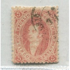 ARGENTINA 1867 GJ 28 RIVADAVIA ESTAMPILLA DE 6ta TIRADA CON MATASELLO DE JULIO DE 1867