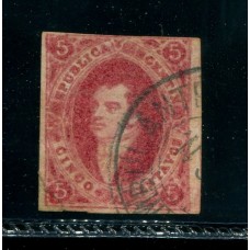 ARGENTINA 1867 GJ 32 RIVADAVIA ESTAMPILLA de 7ma TIRADA SIN DENTAR U$ 100 CON MATASELLO ESTAFETA AMBULANTE FERROCARRIL FCN + 200%