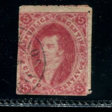 ARGENTINA 1867 GJ 33 RIVADAVIA ESTAMPILLA de 7ma DENTADA CON FALTA DE IMPRESIÓN EN EL MARCO IZQUIERDO U$ 240+