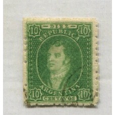 ARGENTINA 1864 GJ 23 RIVADAVIA de 10 Cts ESTAMPILLA DE IMPRESIÓN SEMINITIDA PAPEL GRUESO Y FILIGRANA DESPLAZADA HACIA ARRIBA