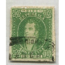 ARGENTINA 1864 GJ 23 RIVADAVIA de 10 Cts ESTAMPILLA DE IMPRESIÓN SEMITINIDA MUY LIMPIA