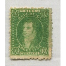 ARGENTINA 1864 GJ 23 RIVADAVIA de 10 Cts ESTAMPILLA DE IMPRESIÓN SEMINITIDA CON SUAVE MATASELLO