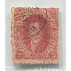 ARGENTINA 1865 GJ 25h RIVADAVIA 4° TIRADA VARIEDAD PAPEL RAYADO EN AMBOS LADOS ( ARPILLERA) MUY DELGADO FILIGRANA RAYA MINIMO DEFECTITO CON MATASELLO 21/ABRIL/1866 U$ 72+