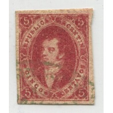 ARGENTINA 1866 GJ 26A RIVADAVIA ESTAMPILLA DE 5ta TIRADA CARMIN MORADO CON PAPEL BASTANTE DELGADO U$ 48