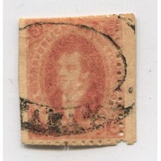 ARGENTINA 1864 GJ 19a RIVADAVIA ESTAMPILLA DE 1ra TIRADA CON VARIEDAD DOBLE IMPRESIÓN UNA TENUE CON MATASELLO CATAMARCA U$ 110 + 50% ADEMAS TIENE SU BORDE DE HOJA RARISIMO Y HERMOSO