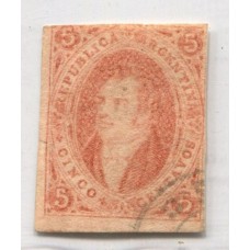 ARGENTINA 1867 GJ 27A RIVADAVIA ESTAMPILLA DE 6ta TIRADA SIN DENTAR COLOR ROJO PARDO ANARANJADO U$ 270