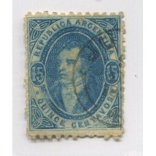 ARGENTINA 1864 GJ 22c RIVADAVIA 15 Cts. IMPRESIÓN NITIDA VARIEDAD PAPEL DELGADO HERMOSO COLOR CON FILIGRANA RAYA Y MATASELLO JUJUY $ 215+