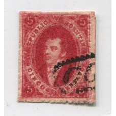 ARGENTINA 1866 GJ 26Ab RIVADAVIA 5ta TIRADA PAPEL APERGAMINADO CON FILIGRANA BIEN ARRIBA, HERMOSO EJEMPLAR U$ 90