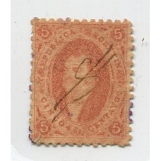 ARGENTINA 1865 GJ 20d RIVADAVIA ESTAMPILLA DE 3ra TIRADA VARIEDAD PLANCHA RAYADA U$ 60 CON MATASELLO PLUMA DE GOYA CORRIENTES